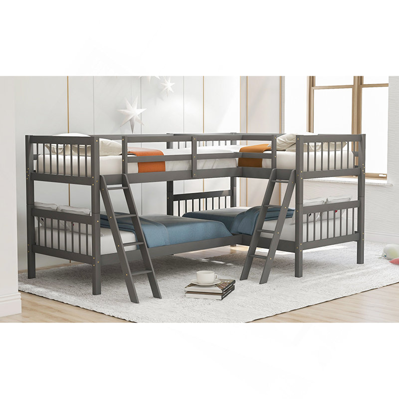 L-Shaped Bunk Bed With Ladder,Twin Size-Grey