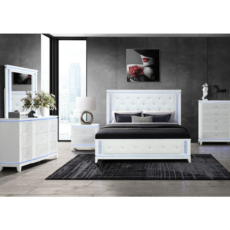 Table de chevet moderne carrée en blanc - 2 tiroirs spacieux, DEL, construction chic en mélange de bois