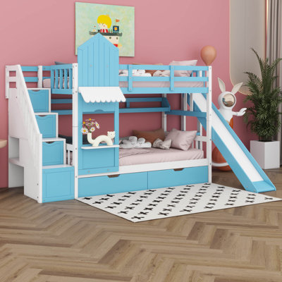 Lit superposé simple au-dessus de simple, lit superposé château avec 2 tiroirs, 3 tablettes et glissade, lit superposé en bois massif