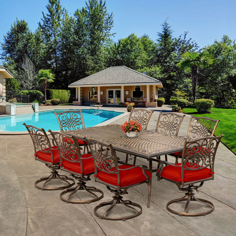 Carleton Dining Set with 8 Swivel Chairs and Table, Red
