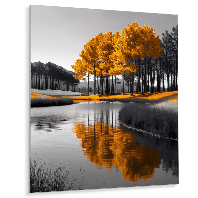  Forêt d'automne au bord du lac, Métal métal, H 40 po x l 30 po