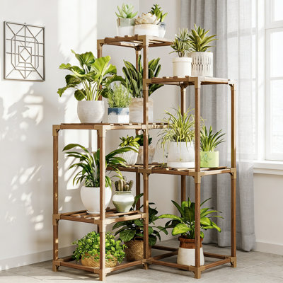 Corner Plant Stand Indoor Outdoor Wood 7 Pots For Living Room Patio