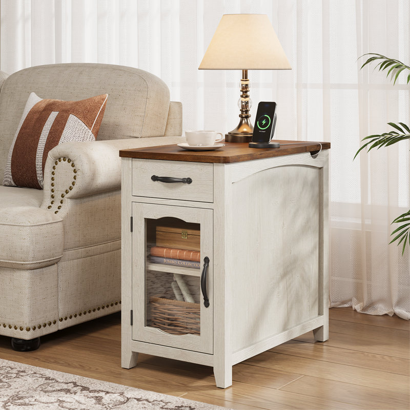 Analiesa 23.5'' Tall End Table with Storage and Charging Station, Farmhouse Nightstand for Living Room and Bedroom, White