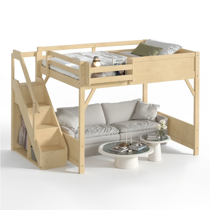 Grand lit mezzanine avec garde-robe et espace de rangement intégrés, lit mezzanine en bois massif avec tablettes à côté, garde-corps pleine longueur et escalier, aucun sommier nécessaire, naturel