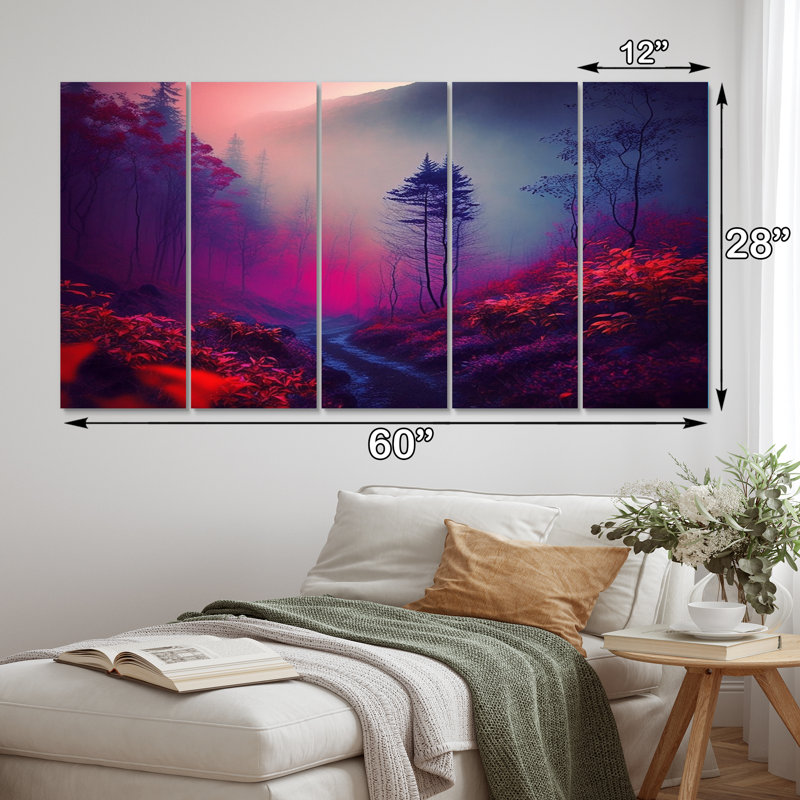 Coucher de soleil qui brille dans la brume, forêt d'automne, impression d'art mural forêt, 5 panneaux égaux
