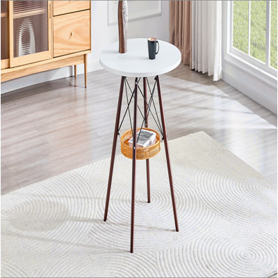 Table de salle à manger circulaire de 31,5 pouces de diamètre, plateau de table en panneau de fibres à densité moyenne noir, pieds en bois massif de noyer, avec structure de panier de rangement tissé suspendu. Une table basse décontractée pouvant a