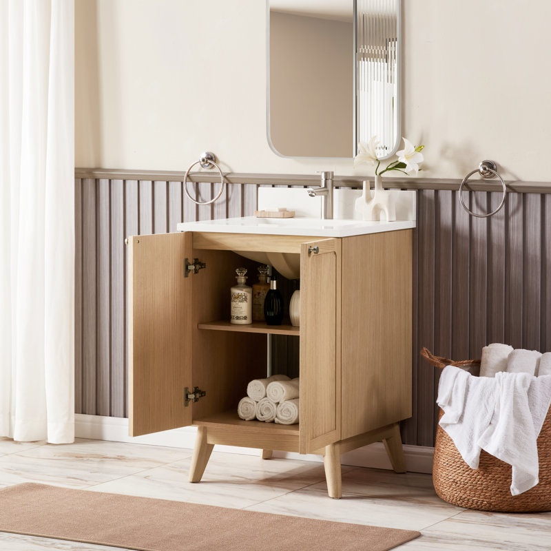 Blancville Meuble-lavabo autoportant à simple cuve en chêne blanc avec plateau en quartz de Carrare, 24"