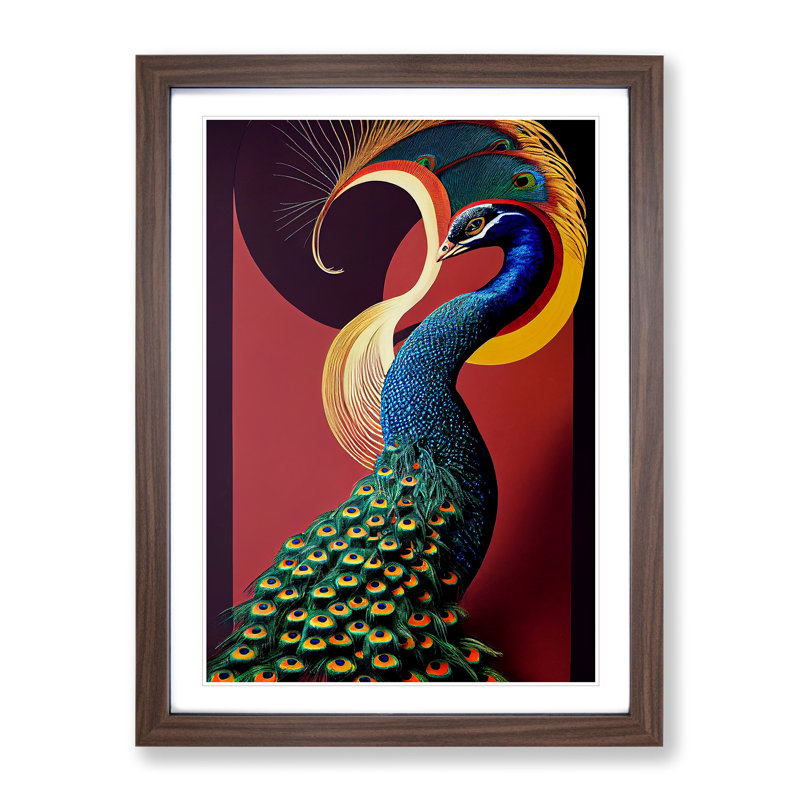 Classy Peacock - Single Picture Frame Print, 64cm H x 46cm W x 2cm D, Walnut