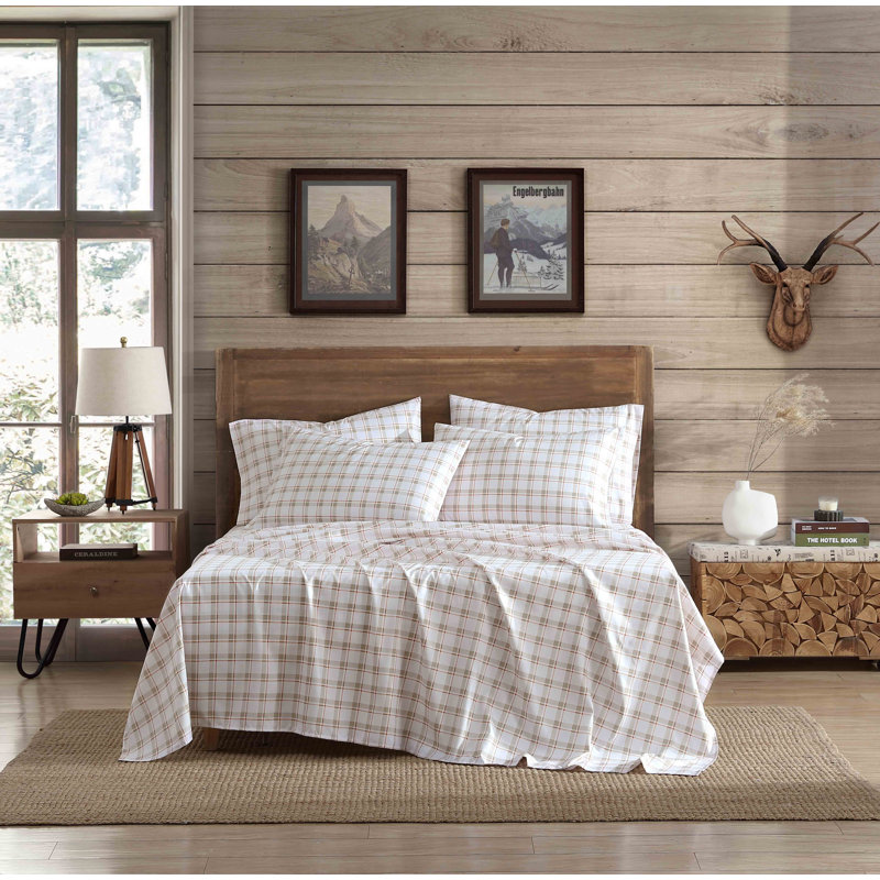Ensemble de draps en microfibre Coleman, White Plaid, Ensemble de draps pour grand lit avec 4 taies d'or