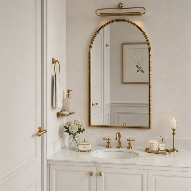 Miroir mural arqué pour salle de bain, meuble-lavabo ou décoration murale, Gold, Iron, Arch