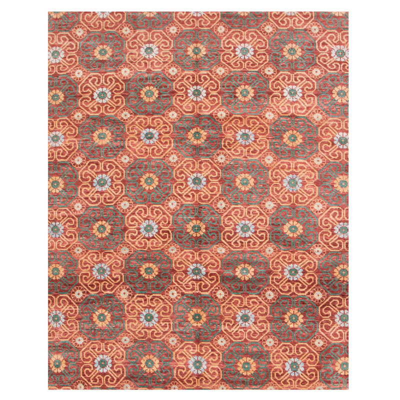 Tapis rouge foncé en laine noué à la main de conception unique 8 pi 1 po x 10 pi nouvel âge Slemp