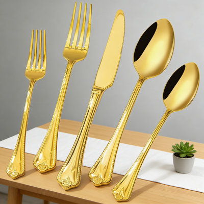 20-Piece Gold Flatware Set For 4, 18/10 Stainless Steel Mirror Polished Silverware Set With Teardrop Handle Design, Dishwasher Safe For Home, Wedding, And Fine Dining