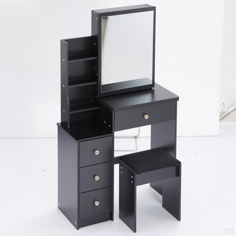 Petit meuble-lavabo de 29,2 po avec tabouret gauche et tabouret rembourré, très grand miroir coulissant à droite, rangement multi-couches grande capacité, commode pratique et pratique, convient aux petits espaces