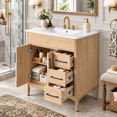 Meuble-lavabo autoportant de 30 po avec lavabo encastré en céramique, portes et tiroirs à fermeture en douceur, tablette ajustable en forme de U