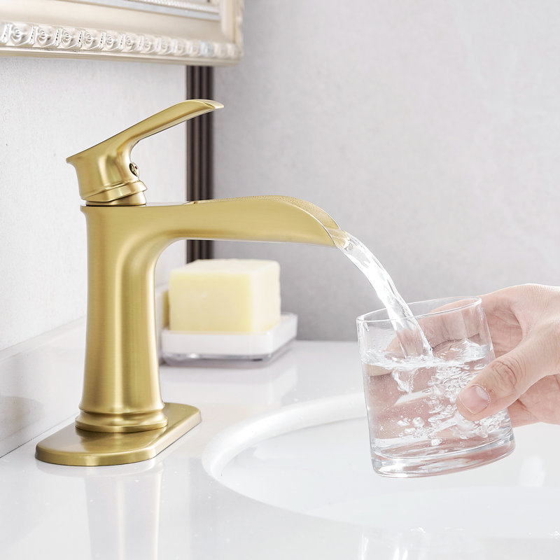 Robinet de salle de bain doré brossé avec robinet à cascade contemporain, monotrou, à fixation sur le comptoir, Or