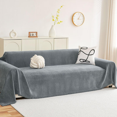 71"*118" Couch Cover for Dogs, Boho Chenille Sofa Cover for 3 Cushion Couch, Anti-Scratch Washable Sofa Slipcover, Loveseat Sectional Couch Throw Blankets with Tassels, Grey