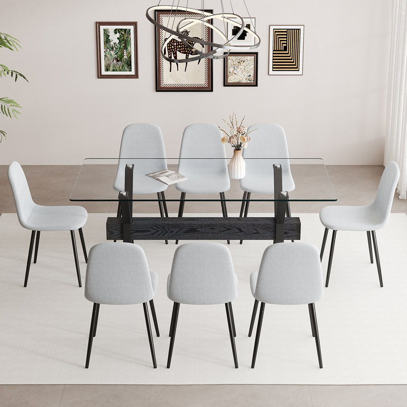 Ensemble de table de salle à manger 8 personnes, table de salle à manger en verre trempé et chaises confortables, Blanc