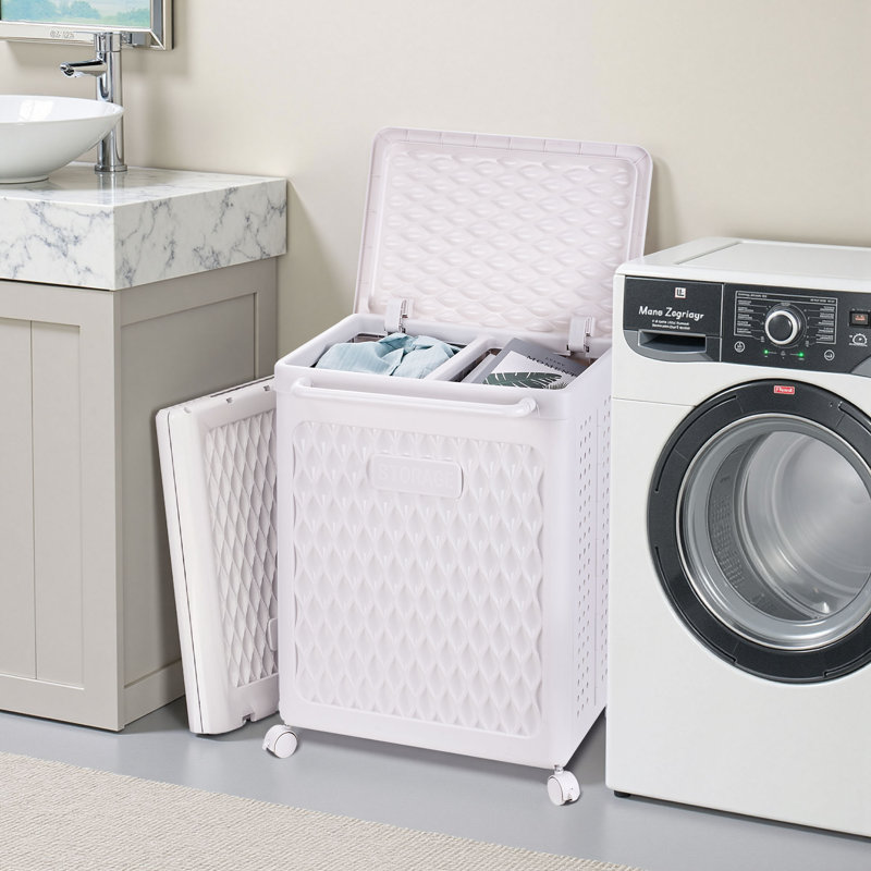 2-Section Rolling Laundry Hamper With Lid And Handle Dividers Plastic Laundry Organizer Wheeled Basket For Bathroom, Bedroom, Laundry Room