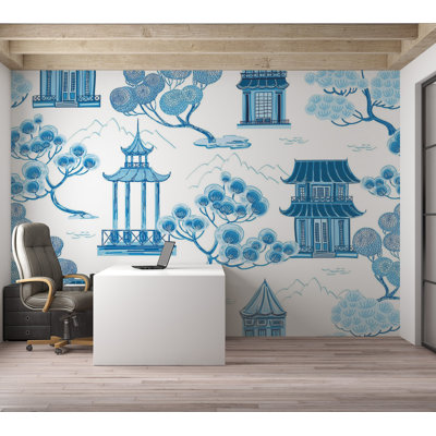Murale pelez et collez de qualité supérieure - Paysage asiatique bleu