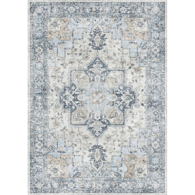 Roehit Oriental Performance Machine Washable Blue / Beige / Cream / Ivory Area Rug, Rectangle 80 x 150cm