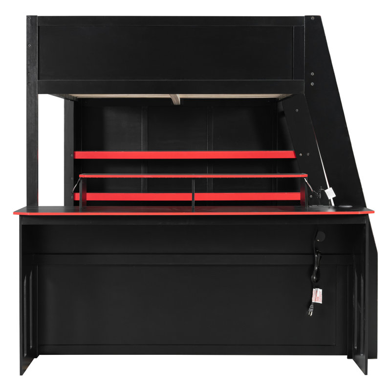 Lit mezzanine double en bois avec bureau, tablettes multiples et lumière RVB, table à placement réglable, rouge