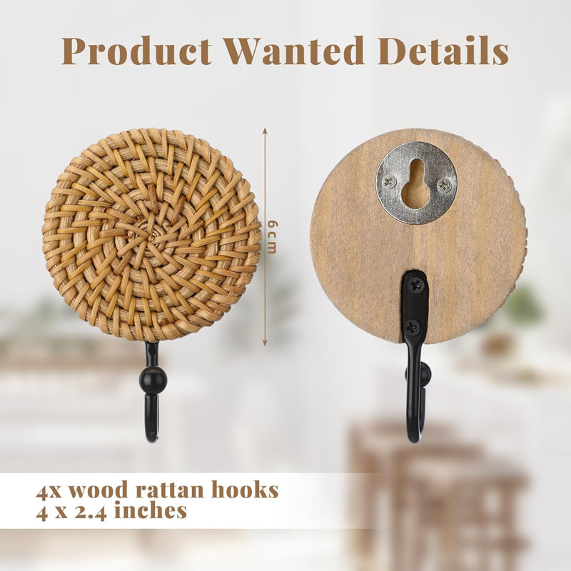 Lot de 4 crochets muraux bohèmes en rotin, rangement rond bohème pour entrée, porte-sacs à main mural, bois, organisateur de style ferme