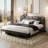 California King Bed Frame with Headboard, Dark Wood and Grey, Strong Supports, Sturdy, Noise-Free, No Box Spring Needed-696373659-696373658