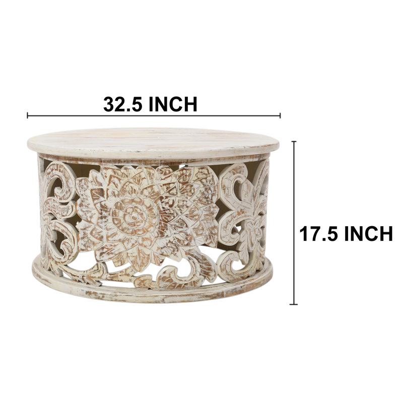 Hadlei Coffee Table Handcrafted Mango Wood Floral Carved Cut Out Design Distressed White Finish 33 Inch