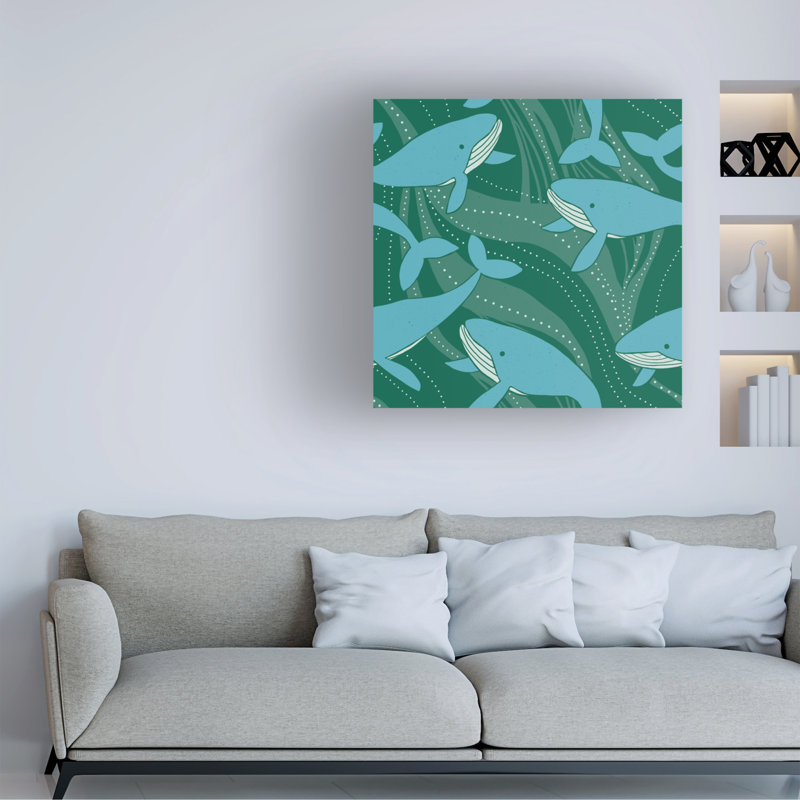 «Rachel Hallquist Whales Blue Green», art sur toile, H 14 po x l 14 po