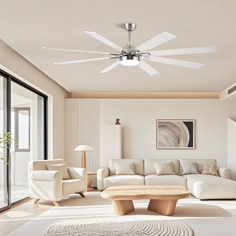  72" 8-blade Large Ceiling Fans Modern Farmhouse Indoor With Lights And Remote, Nickel