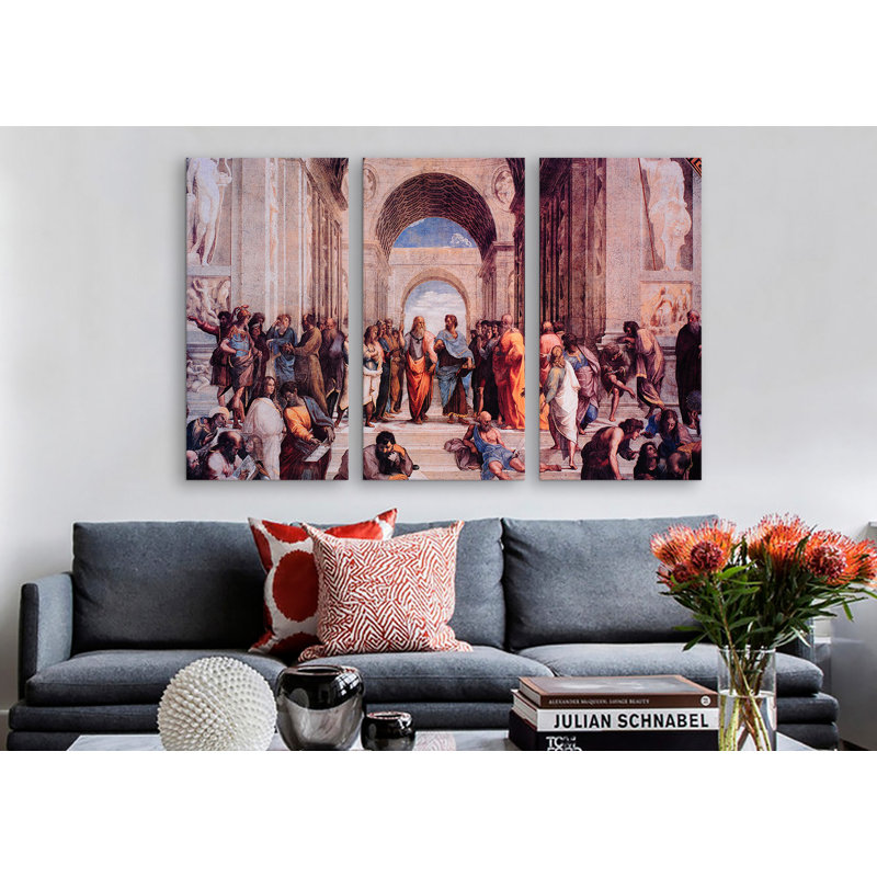 « school of athènes », ensemble de 3 reproductions d’art sur toiles tendues Raphael, H 40 po x l 60 po x P 1,5 po