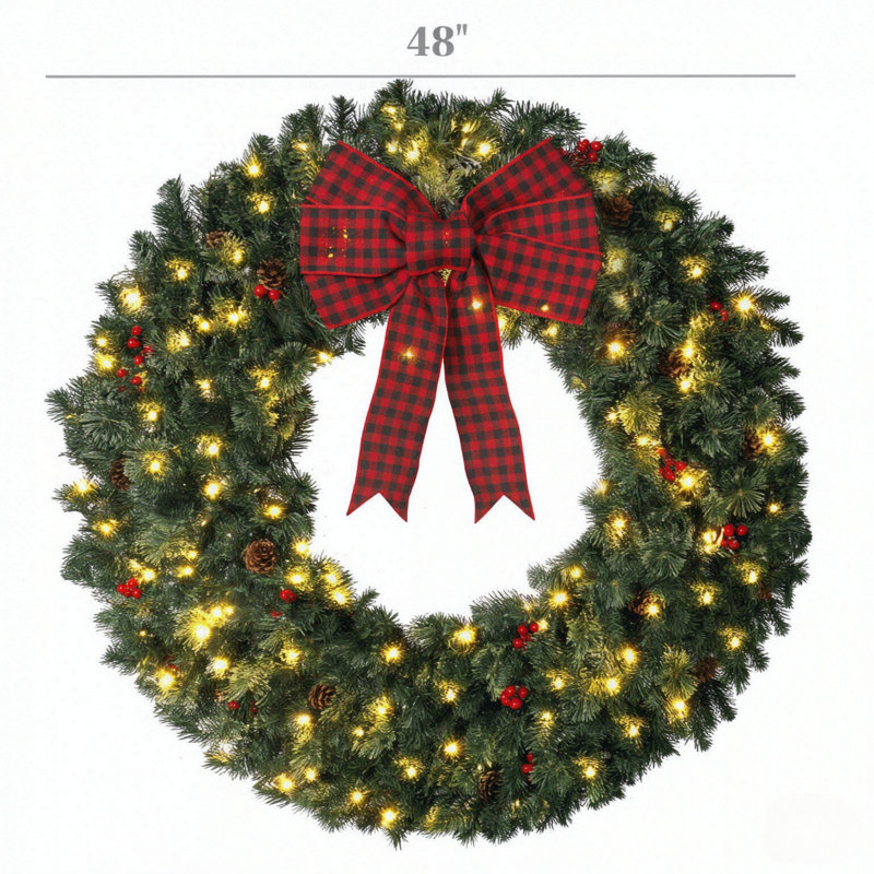 Couronne de Noël Crestwood Spruce pré-illuminée de 122 cm (48 po), 8 modes d'éclairage, avec nœud, pommes de pin et baies rouges