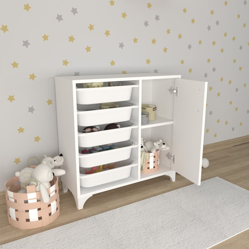 Organisateur de rangement pour garde-robe (noyer 5 paniers avec porte, Blanc