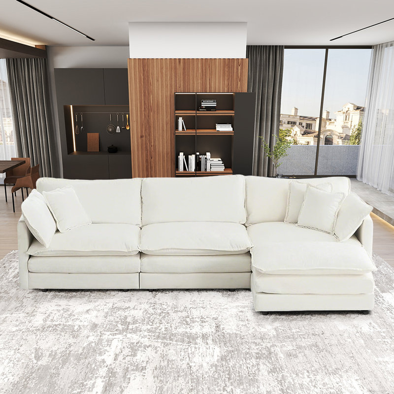 111.5" L-Shaped Modular Sectional Sofa With Movable Ottomans, White Chenille