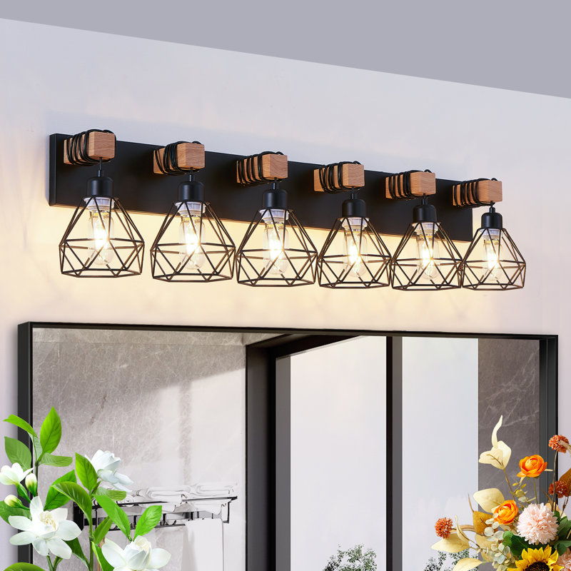 Applique murale de salle de bain à 6 lumières de 96,5 cm (38 pouces), en fer noir avec accents de bois et abat-jour géométrique en forme de cage.