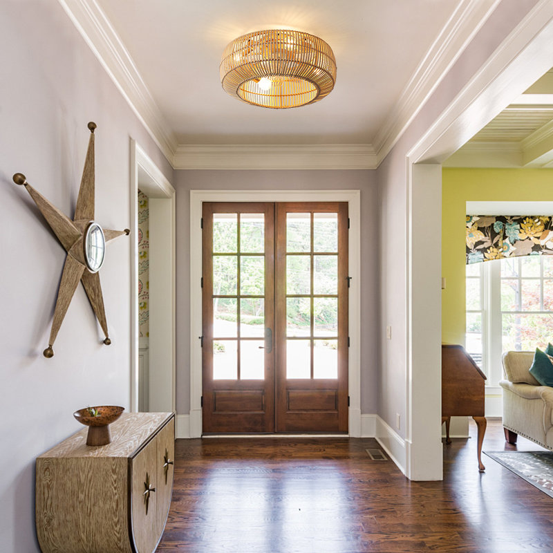 Ventilateurs de plafond en rotin de 20 po avec lumières Anlaug, ventilateur de plafond à profil bas avec lumière et télécommande pour le salon, la chambre et la salle à manger