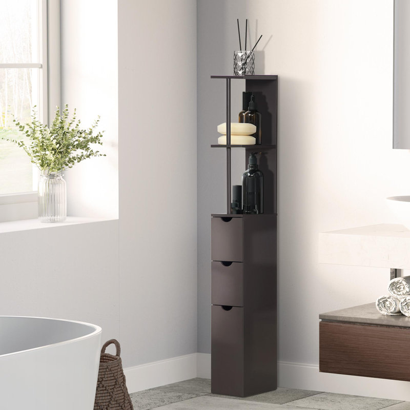 54" Tall Bathroom Storage Cabinet, Freestanding Linen Tower with 2-Tier Shelf and Drawers, Narrow Side Floor Organizer, Brown