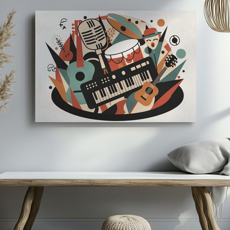 Toile, création d'une illustration abstraite vibrante mettant en vedette un arrangement dynamique d'instruments de musique muraux, y compris une guitare