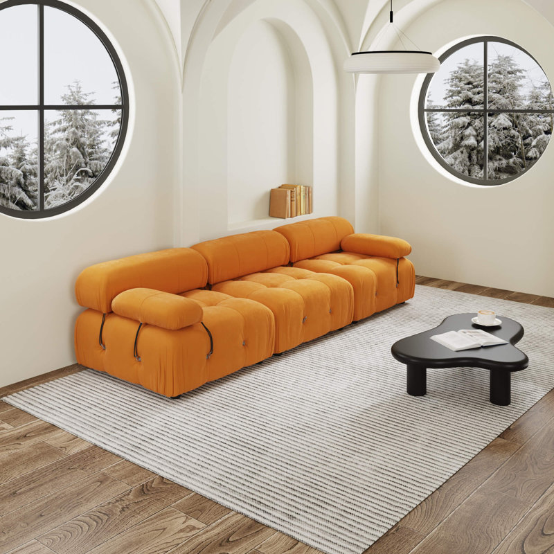 Canapé modulaire rembourré en velours moelleux avec dossier détachable et accoudoirs Mario Bellini, Orange