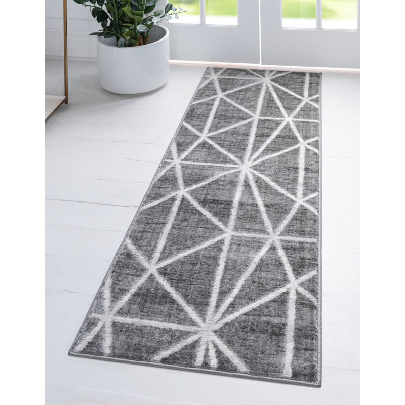 Tapis géométrique gris foncé / ivoire Oceola, Tapis de couloir : 3 pi x 10 pi