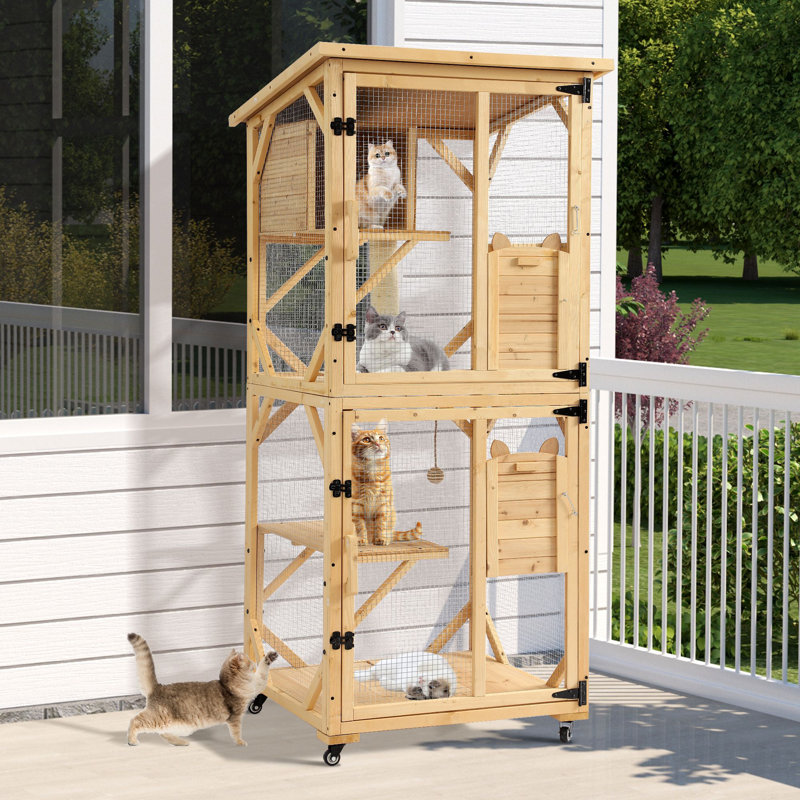 Enceinte d'extérieur pour chat Catio, maisonnette pour chat à 4 niveaux avec toit imperméable, cage pour chat d'intérieur avec roues et plancher amovible, naturel