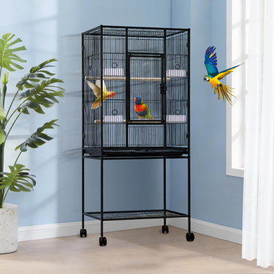 Cage à oiseaux spacieuse avec roulettes et tablette de rangement - Habitat de perroquet en fer forgé durable, verrou sécuritaire, facile à nettoyer - pour perruches, cacahuètes, conures, inséparables - noir, 54 po de hauteur, spéc.: 21