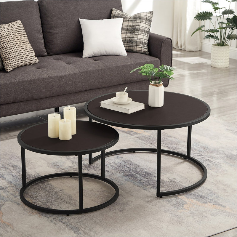 Set of 2 Round Nesting Coffee Tables with Faux Leather Tops and Black Metal Bases, Warm Brown, for Living Room