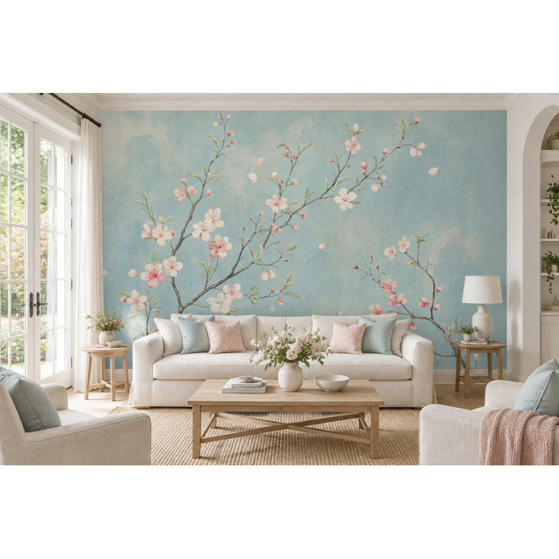 Papier peint aquarelle bleu pâle avec des motifs de branches de cerisier en fleurs, 140 po x 108 po, Non tissé