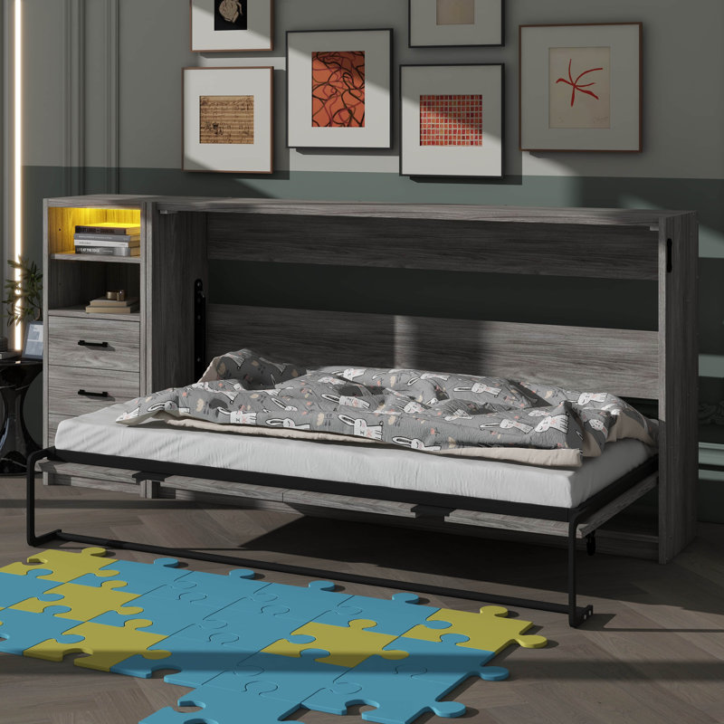 Lit escamotable simple horizontal avec tiroirs inclus et éclairage DEL