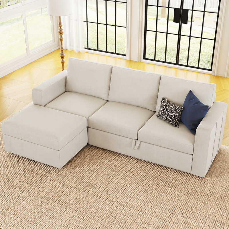 Canapé-lit modulaire en L avec rangement Rafael, Velours beige
