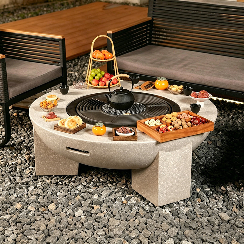 43.31" Light Beige Magnesium Ceramic Multifunctional Charcoal-First Patio Fire Pit Table With Grill, Compatible For Properly Sized Firewood