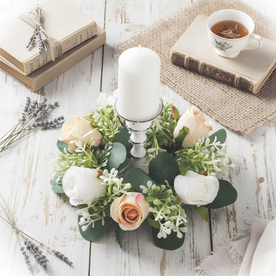 Rose Candle Rings With Flameless Candles Sets - 4PCS Artificial Flower Eucalyptus Wedding Centerpiece Pillar Candleholders Wreaths For Wedding Party Decor