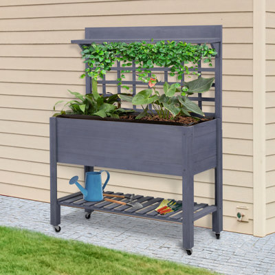 41" Raised Garden Bed With Trellis On Wheels, Wooden Elevated Planter Box With Legs And Bed Liner, For Flowers, Vegetables