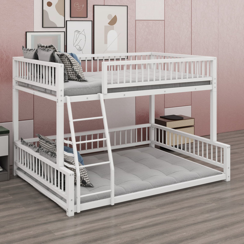 Floor Bunk Bed Frame With Ladder And Safety Guardrails, White